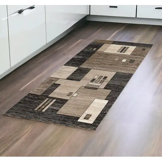 8' Brown and Black Abstract Power Loom Runner Rug Photo 1