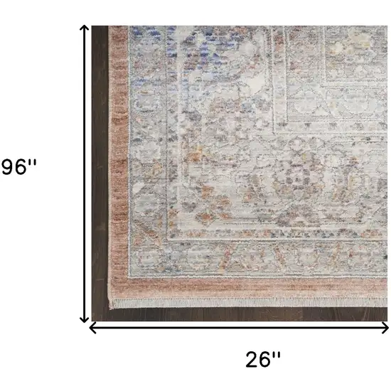 8' Brown and Blue Oriental Power Loom Distressed Runner Rug With Fringe Photo 7