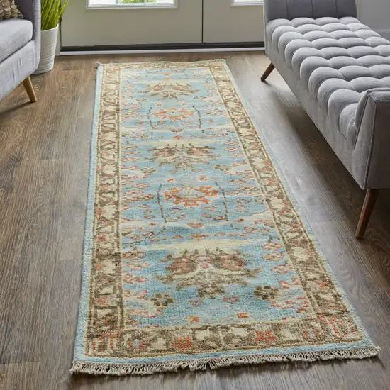 8' Brown and Blue Wool Oriental Hand Knotted Runner Rug Photo 5