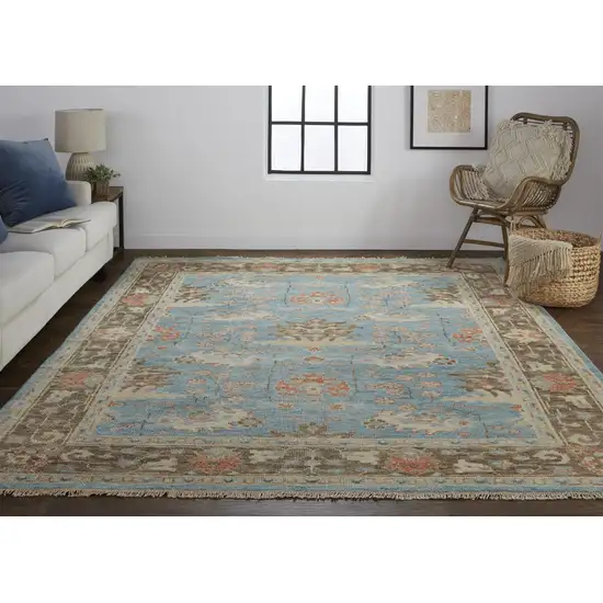 8' Brown and Blue Wool Oriental Hand Knotted Runner Rug Photo 6