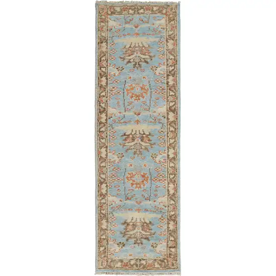 8' Brown and Blue Wool Oriental Hand Knotted Runner Rug Photo 1