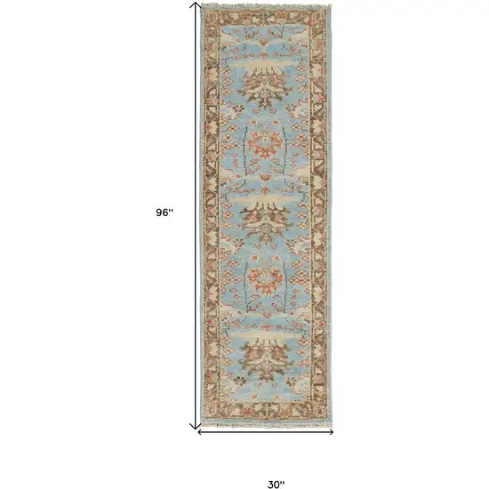 8' Brown and Blue Wool Oriental Hand Knotted Runner Rug Photo 8