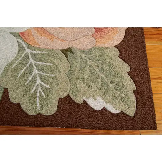 8' Brown and Green Botanical Leaves Hand Hooked Runner Rug Photo 5