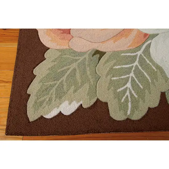 8' Brown and Green Botanical Leaves Hand Hooked Runner Rug Photo 3