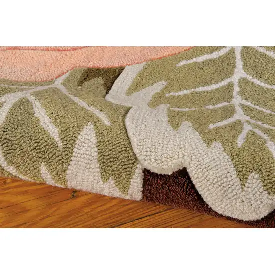 8' Brown and Green Botanical Leaves Hand Hooked Runner Rug Photo 4