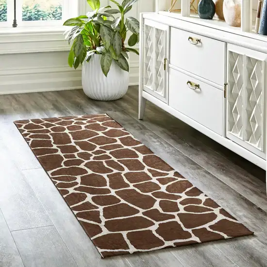 8' Brown and Ivory Animal Print Handmade Non Skid Runner Rug Photo 8