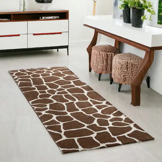 8' Brown and Ivory Animal Print Handmade Non Skid Runner Rug Photo 1