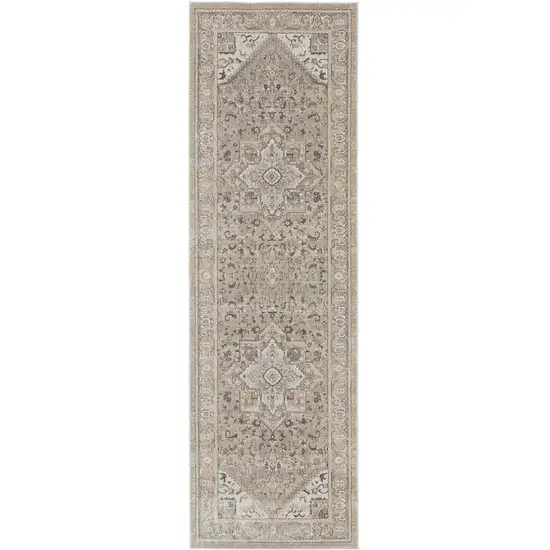 8' Brown and Ivory Medallion Power Loom Distressed Runner Rug Photo 2