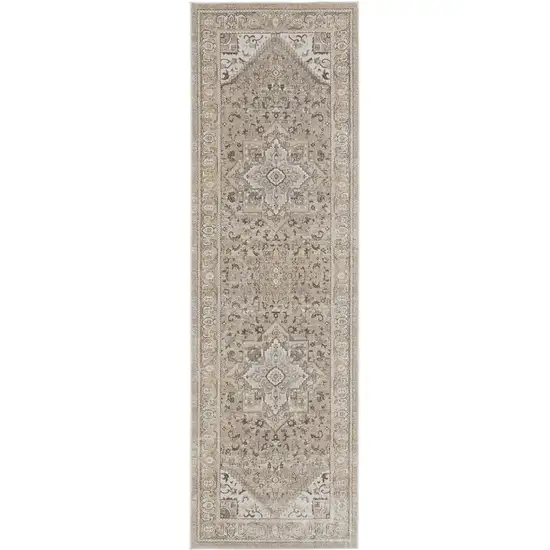 8' Brown and Ivory Medallion Power Loom Distressed Runner Rug Photo 4