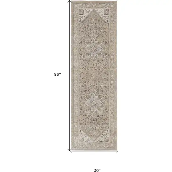 8' Brown and Ivory Medallion Power Loom Distressed Runner Rug Photo 3