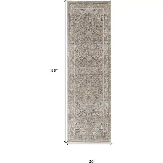 8' Brown and Ivory Medallion Power Loom Distressed Runner Rug Photo 3