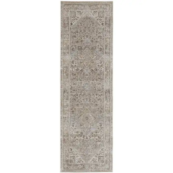 8' Brown and Ivory Medallion Power Loom Distressed Runner Rug Photo 4