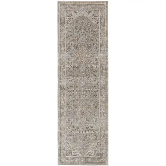 8' Brown and Ivory Medallion Power Loom Distressed Runner Rug Photo 2