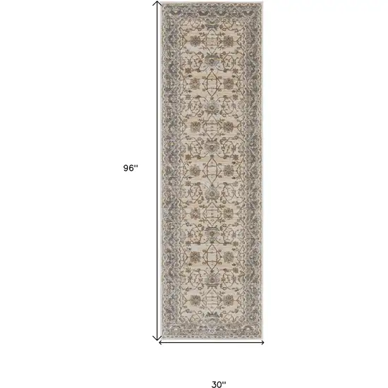 8' Brown and Ivory Oriental Power Loom Distressed Runner Rug Photo 3