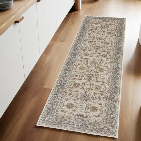 8' Brown and Ivory Oriental Power Loom Distressed Runner Rug Photo 1