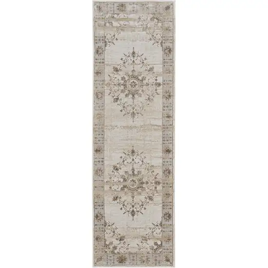 8' Brown and Ivory Oriental Power Loom Distressed Runner Rug Photo 4