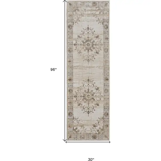 8' Brown and Ivory Oriental Power Loom Distressed Runner Rug Photo 3