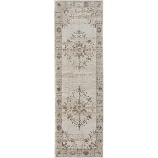 8' Brown and Ivory Oriental Power Loom Distressed Runner Rug Photo 2