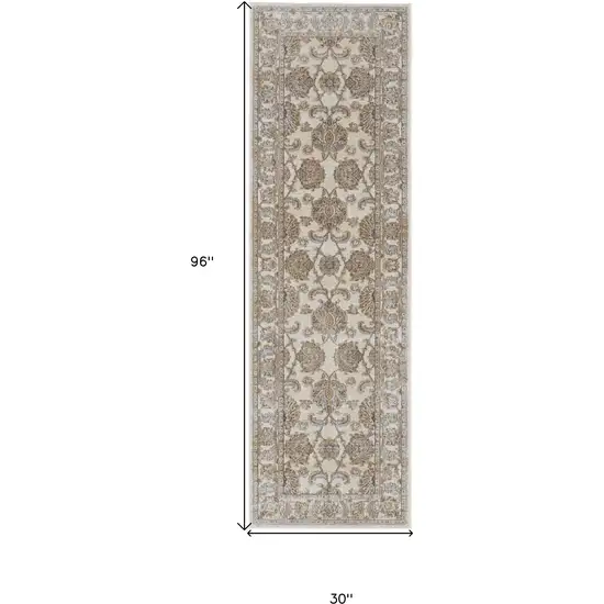 8' Brown and Ivory Oriental Power Loom Distressed Runner Rug Photo 3