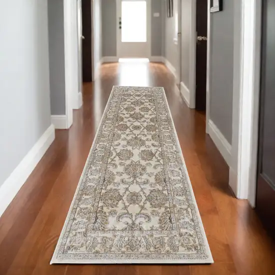 8' Brown and Ivory Oriental Power Loom Distressed Runner Rug Photo 1