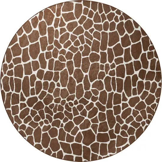 8' Brown and Ivory Round Animal Print Handmade Non Skid Area Rug Photo 2