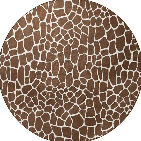 8' Brown and Ivory Round Animal Print Handmade Non Skid Area Rug Photo 4