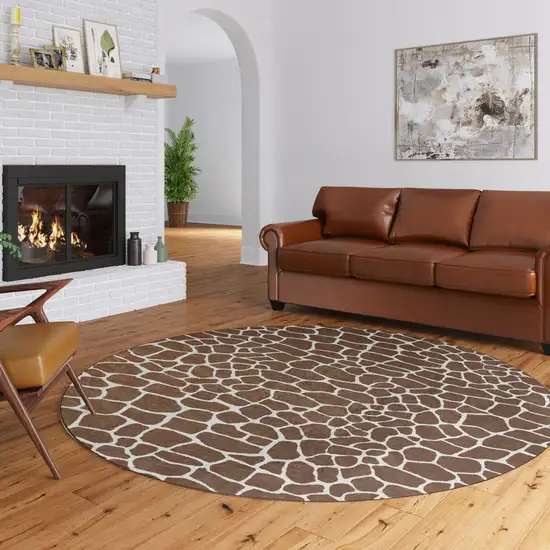 8' Brown and Ivory Round Animal Print Handmade Non Skid Area Rug Photo 8