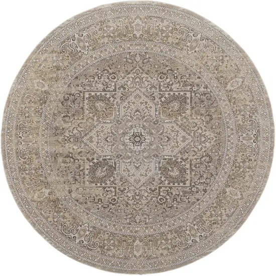 8' Brown and Ivory Round Medallion Power Loom Distressed Area Rug Photo 4