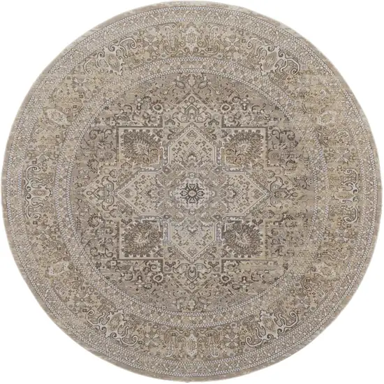 8' Brown and Ivory Round Medallion Power Loom Distressed Area Rug Photo 2