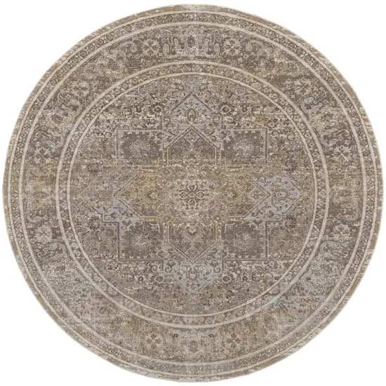 8' Brown and Ivory Round Medallion Power Loom Distressed Area Rug Photo 4