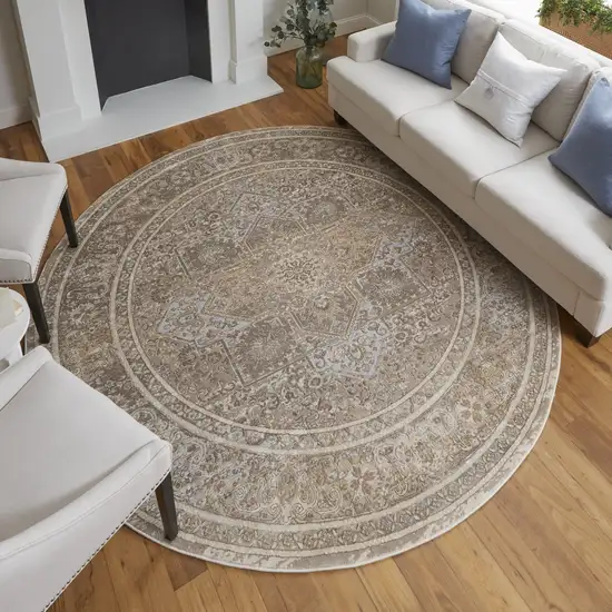 8' Brown and Ivory Round Medallion Power Loom Distressed Area Rug Photo 6