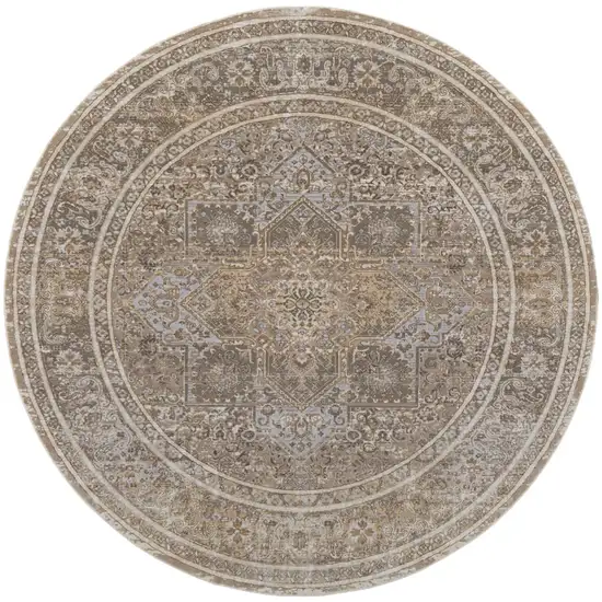 8' Brown and Ivory Round Medallion Power Loom Distressed Area Rug Photo 2