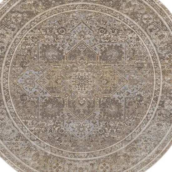 8' Brown and Ivory Round Medallion Power Loom Distressed Area Rug Photo 5