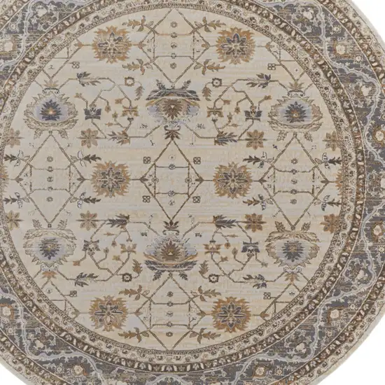 8' Brown and Ivory Round Oriental Power Loom Distressed Area Rug Photo 5