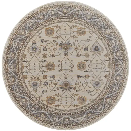 8' Brown and Ivory Round Oriental Power Loom Distressed Area Rug Photo 4