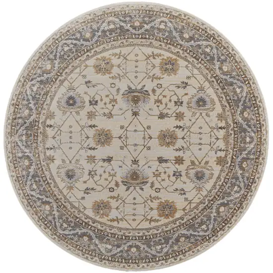 8' Brown and Ivory Round Oriental Power Loom Distressed Area Rug Photo 2