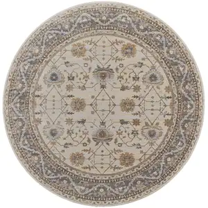 Photo of 8' Brown and Ivory Round Oriental Power Loom Distressed Area Rug