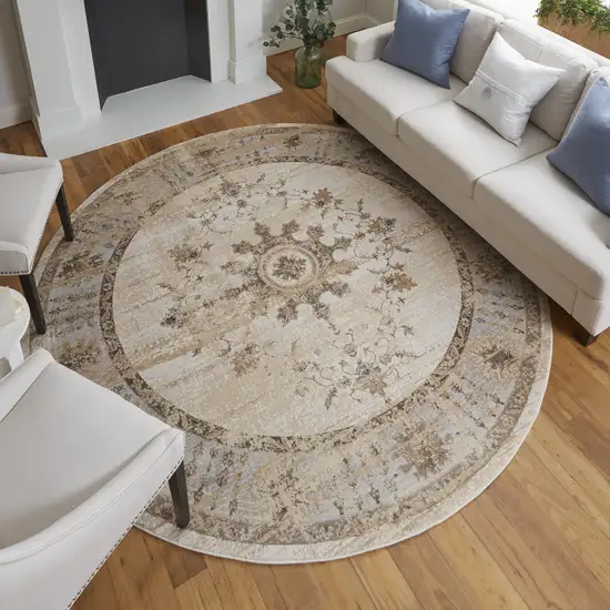 8' Brown and Ivory Round Oriental Power Loom Distressed Area Rug Photo 6