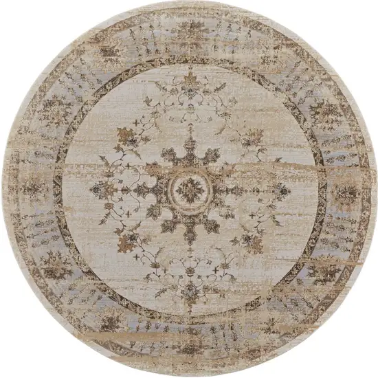 8' Brown and Ivory Round Oriental Power Loom Distressed Area Rug Photo 5