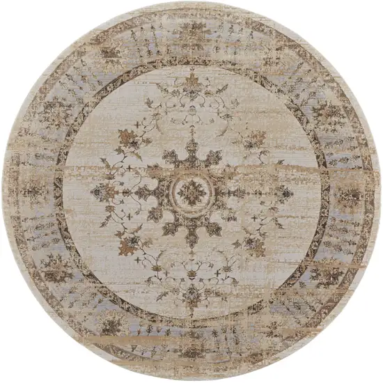 8' Brown and Ivory Round Oriental Power Loom Distressed Area Rug Photo 2