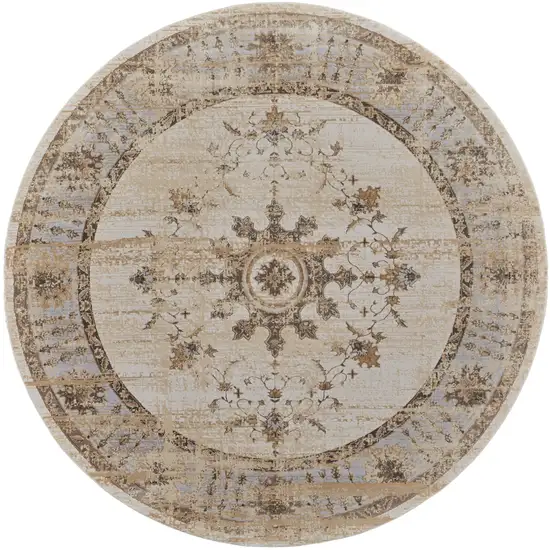 8' Brown and Ivory Round Oriental Power Loom Distressed Area Rug Photo 4