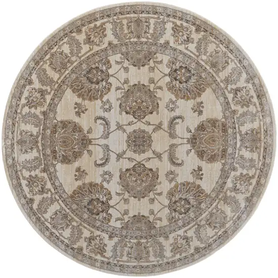 8' Brown and Ivory Round Oriental Power Loom Distressed Area Rug Photo 4