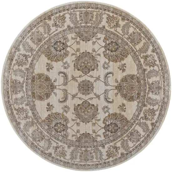 8' Brown and Ivory Round Oriental Power Loom Distressed Area Rug Photo 2