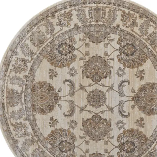 8' Brown and Ivory Round Oriental Power Loom Distressed Area Rug Photo 5