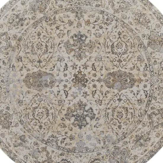 8' Brown and Ivory Round Oriental Power Loom Distressed Area Rug Photo 5