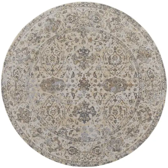 8' Brown and Ivory Round Oriental Power Loom Distressed Area Rug Photo 2