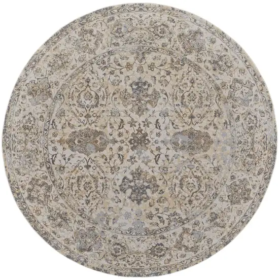 8' Brown and Ivory Round Oriental Power Loom Distressed Area Rug Photo 4