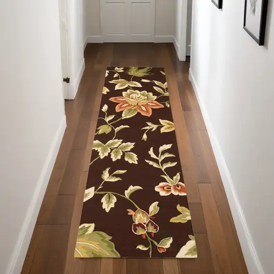 8' Brown and Orange Botanical Leaves Hand Carved Handmade Runner Rug Photo 2