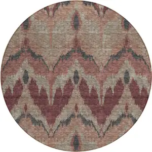 Photo of 8' Burgundy Beige And Charcoal Round Ikat Washable Indoor Outdoor Area Rug