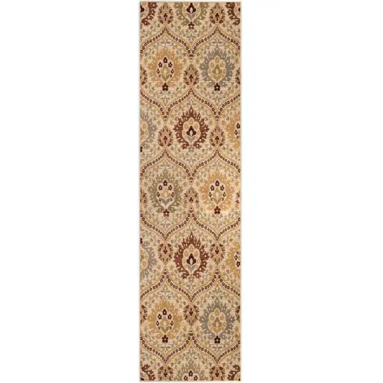 8' Camel Gray And Rust Floral Stain Resistant Runner Rug Photo 1